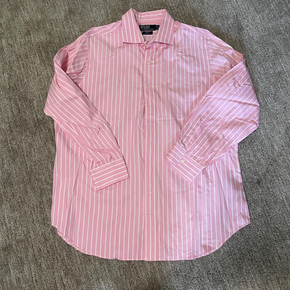 Polo Ralph Lauren Men's Pink White Stripe Button Down Dress Shirt 16 34/35